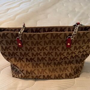 Michael Kors Brown MK Signature Tote with Red Trim and Chain Handles